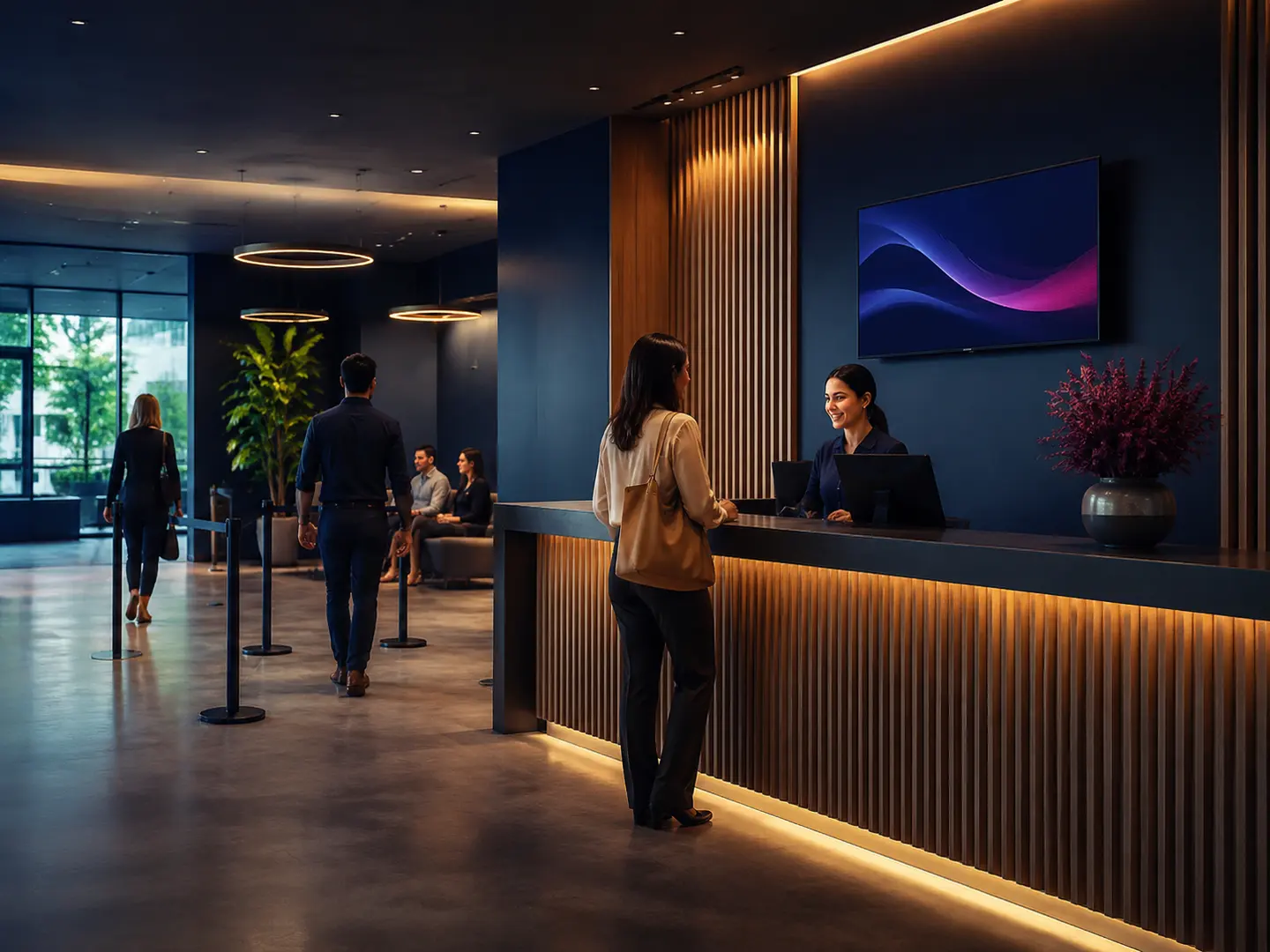 Recepção premium com painel de atendimento